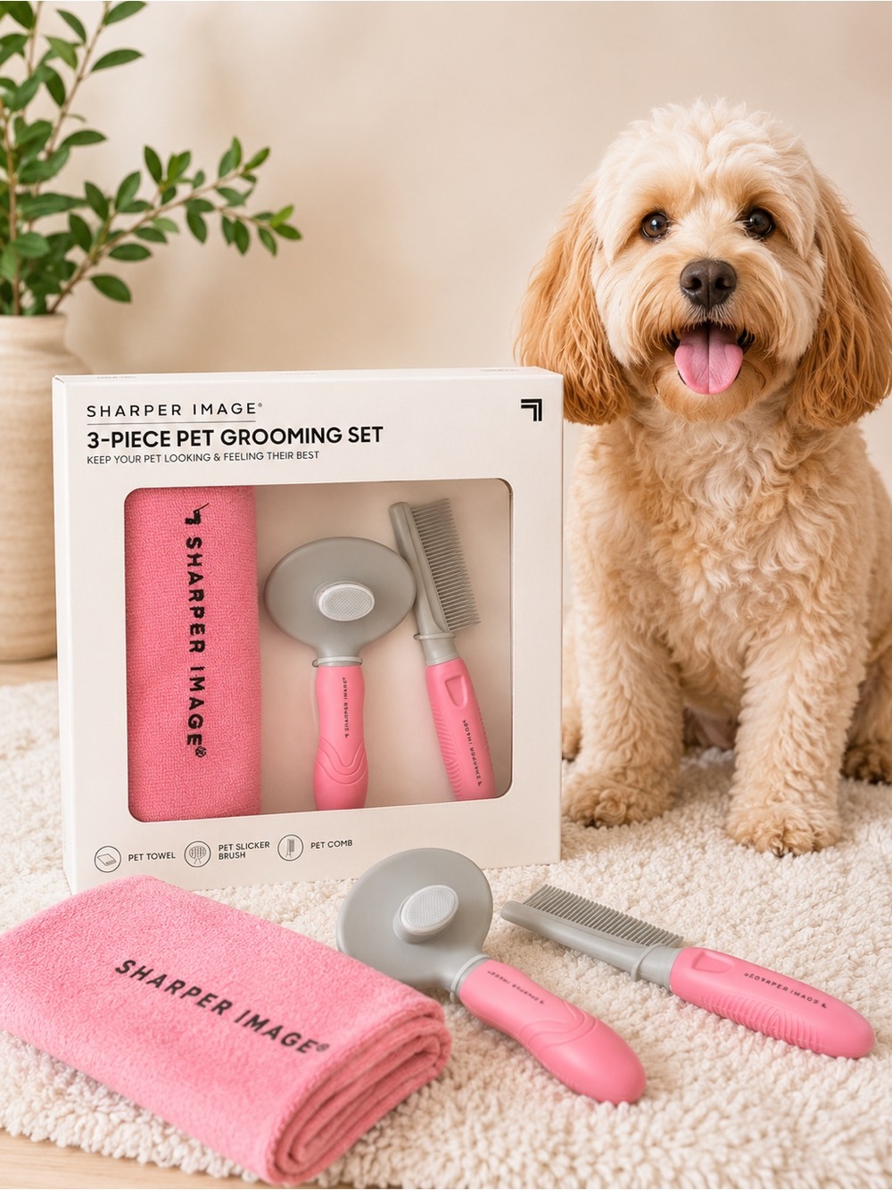 Sharper Image 3-Piece Pet Grooming Set - Pink -  Slicker Brush, Comb & Towel NEW